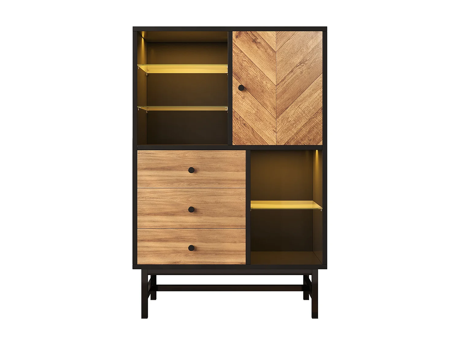 Vitrine avec 3 tiroirs et 1 porte - 80 x 40 x 120.5 cm - LEDs - Etagères en verre - Panneaux de particules et métal - Couleur noir