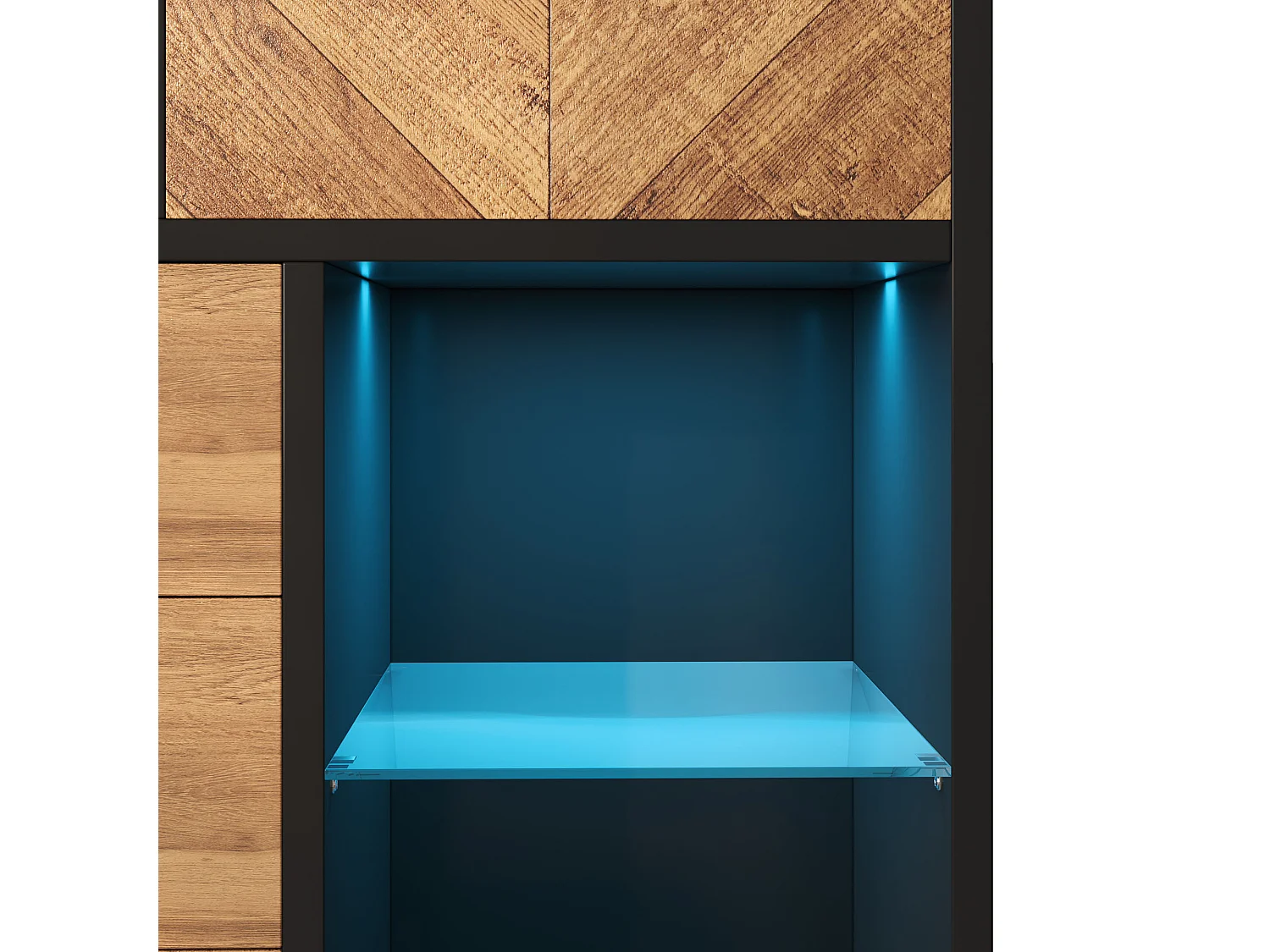 Vitrine avec 3 tiroirs et 1 porte - 80 x 40 x 120.5 cm - LEDs - Etagères en verre - Panneaux de particules et métal - Couleur noir