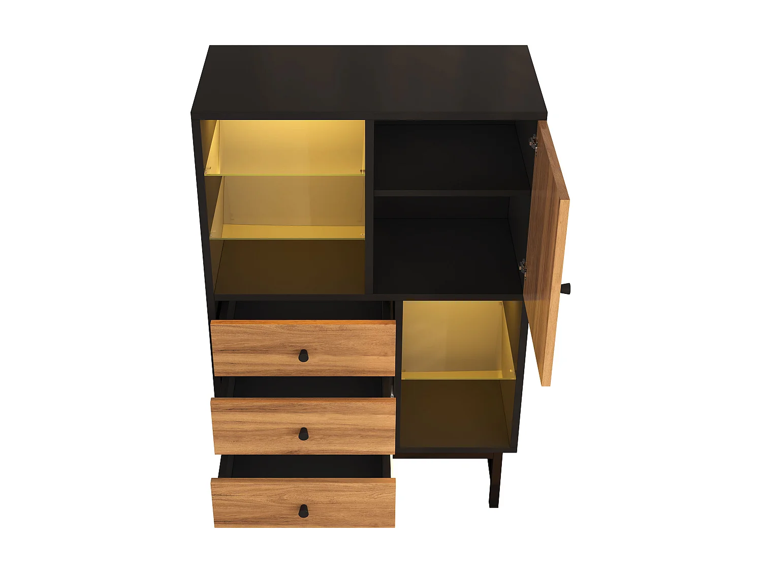 Vitrine avec 3 tiroirs et 1 porte - 80 x 40 x 120.5 cm - LEDs - Etagères en verre - Panneaux de particules et métal - Couleur noir