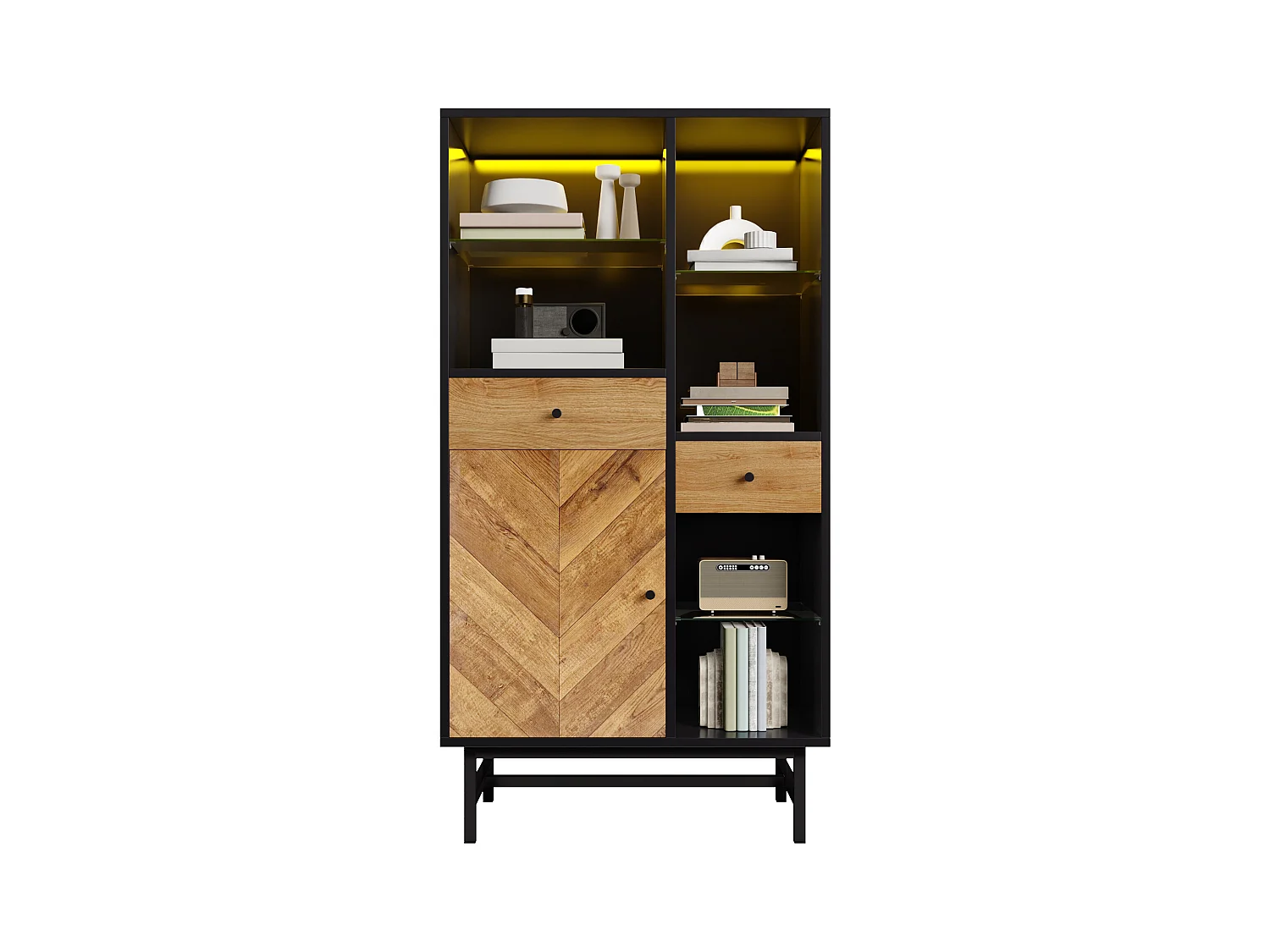 Vitrine avec 2 tiroirs et 1 porte - 80 x 40 x 150.5 cm - LEDs - Etagères en verre - Panneaux de particules - Couleur noir