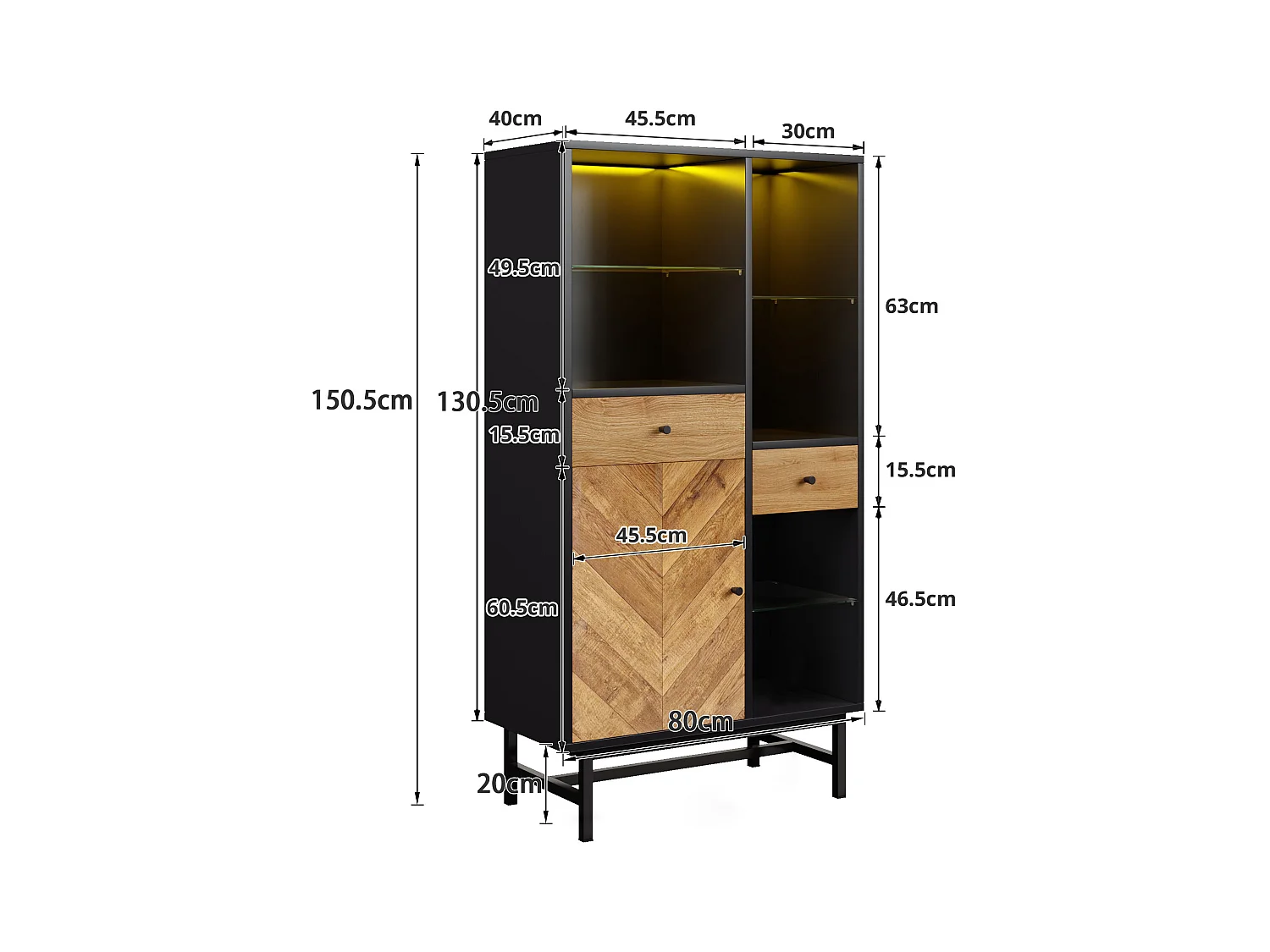 Vitrine avec 2 tiroirs et 1 porte - 80 x 40 x 150.5 cm - LEDs - Etagères en verre - Panneaux de particules - Couleur noir