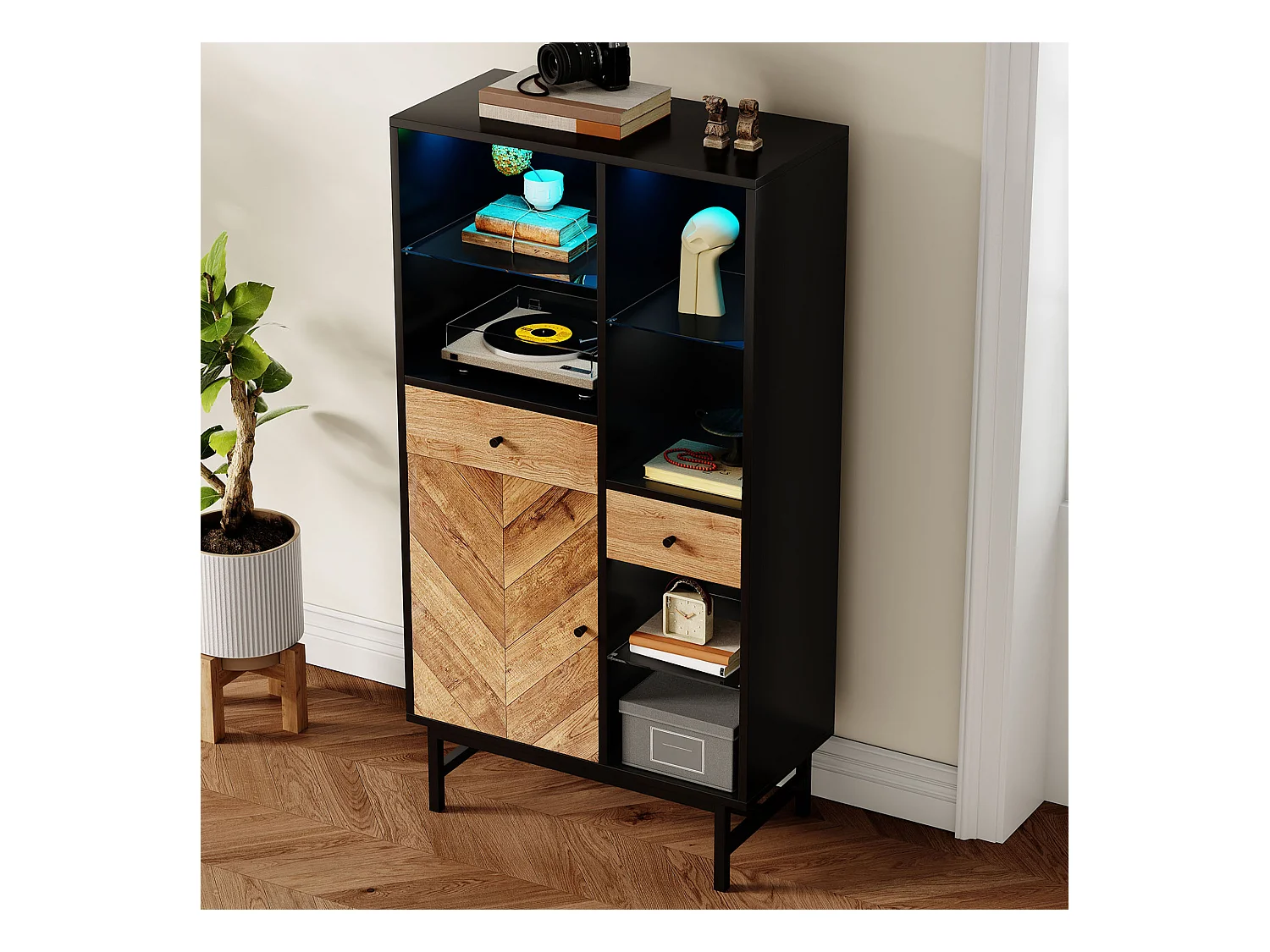 Vitrine avec 2 tiroirs et 1 porte - 80 x 40 x 150.5 cm - LEDs - Etagères en verre - Panneaux de particules - Couleur noir