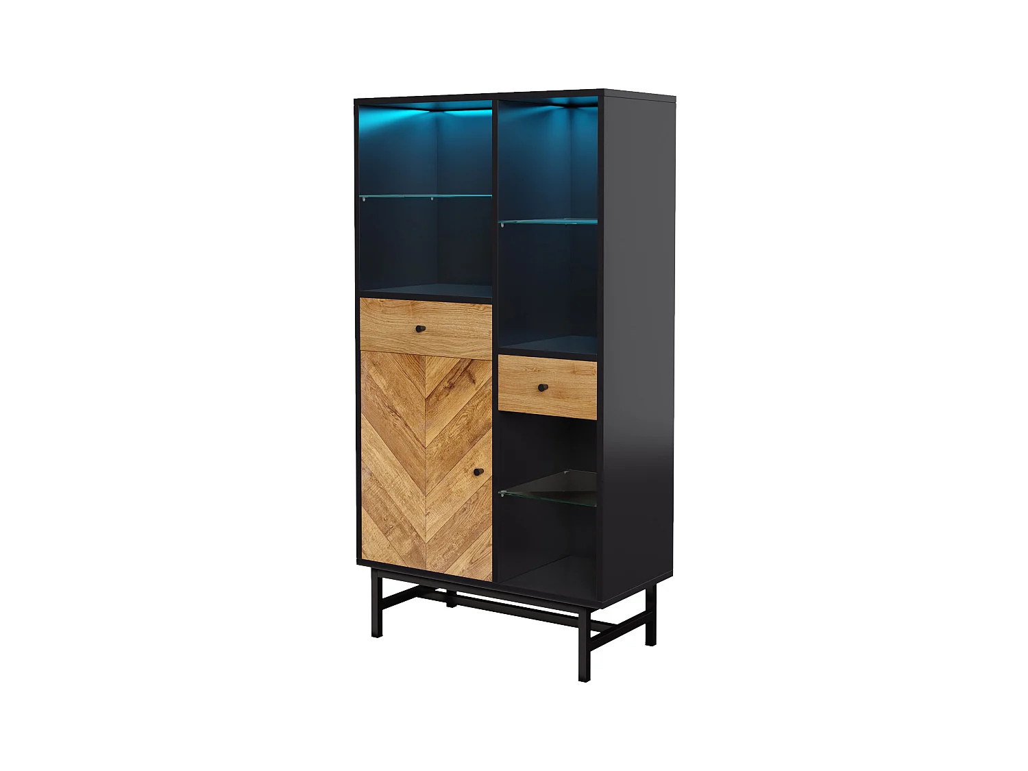Vitrine avec 2 tiroirs et 1 porte - 80 x 40 x 150.5 cm - LEDs - Etagères en verre - Panneaux de particules - Couleur noir