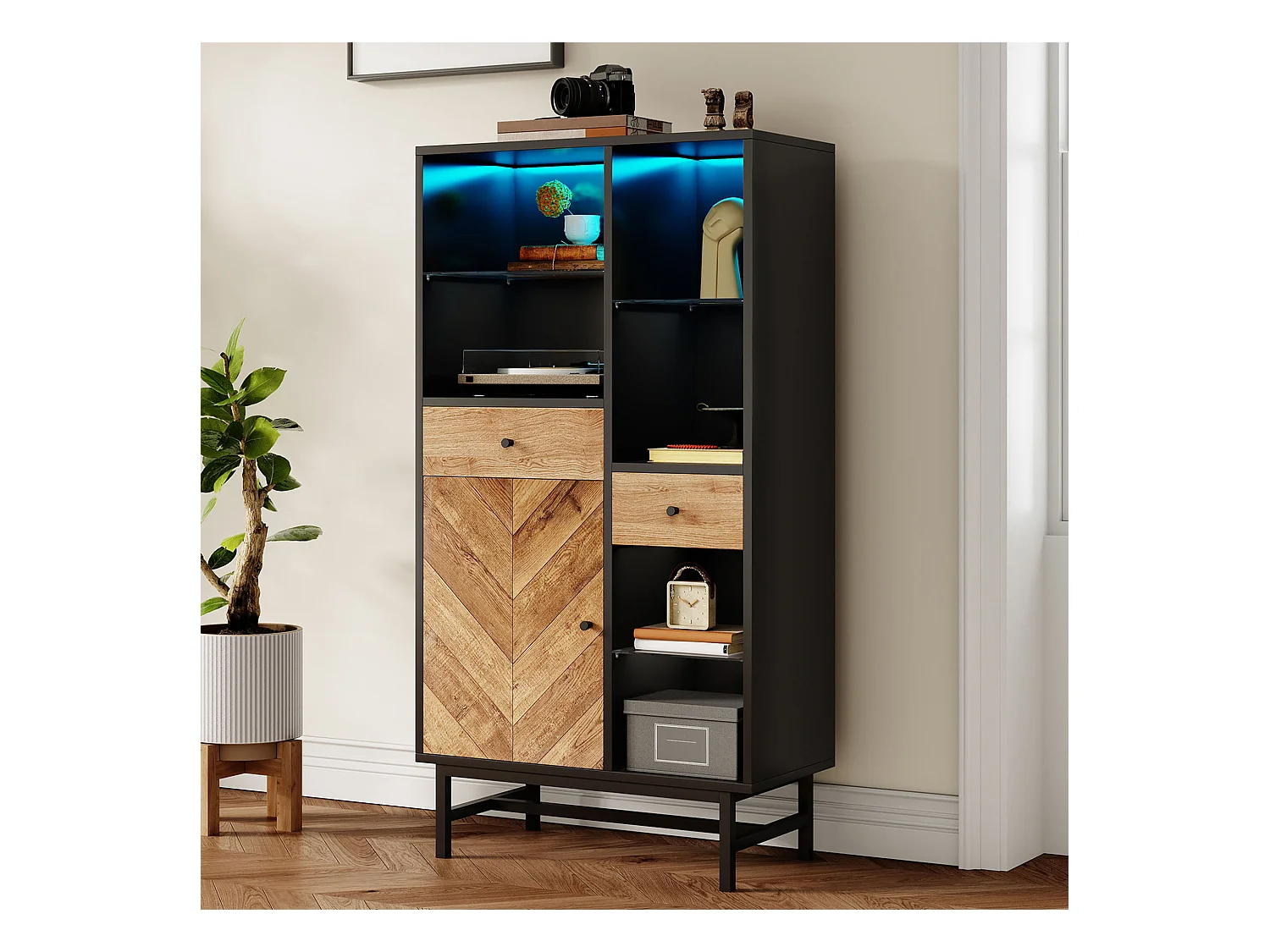 Vitrine avec 2 tiroirs et 1 porte - 80 x 40 x 150.5 cm - LEDs - Etagères en verre - Panneaux de particules - Couleur noir
