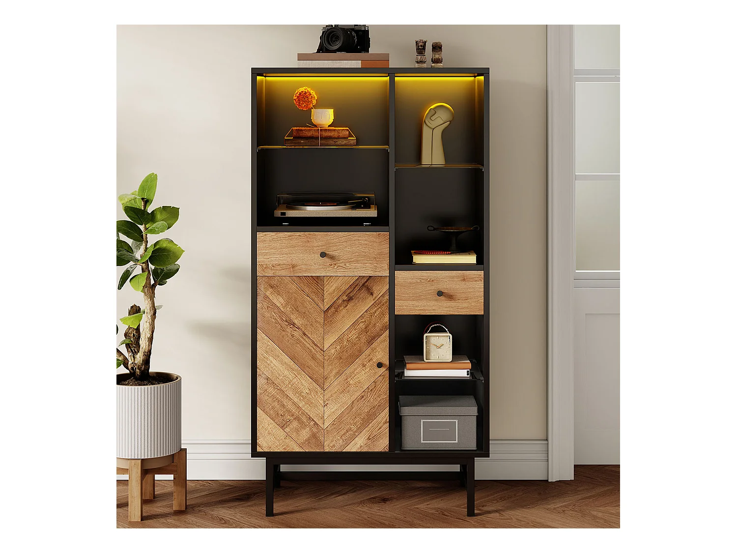 Vitrine avec 2 tiroirs et 1 porte - 80 x 40 x 150.5 cm - LEDs - Etagères en verre - Panneaux de particules - Couleur noir