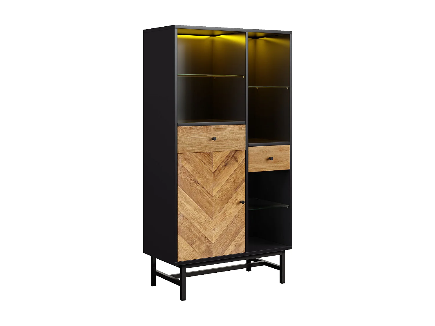 Vitrine avec 2 tiroirs et 1 porte - 80 x 40 x 150.5 cm - LEDs - Etagères en verre - Panneaux de particules - Couleur noir