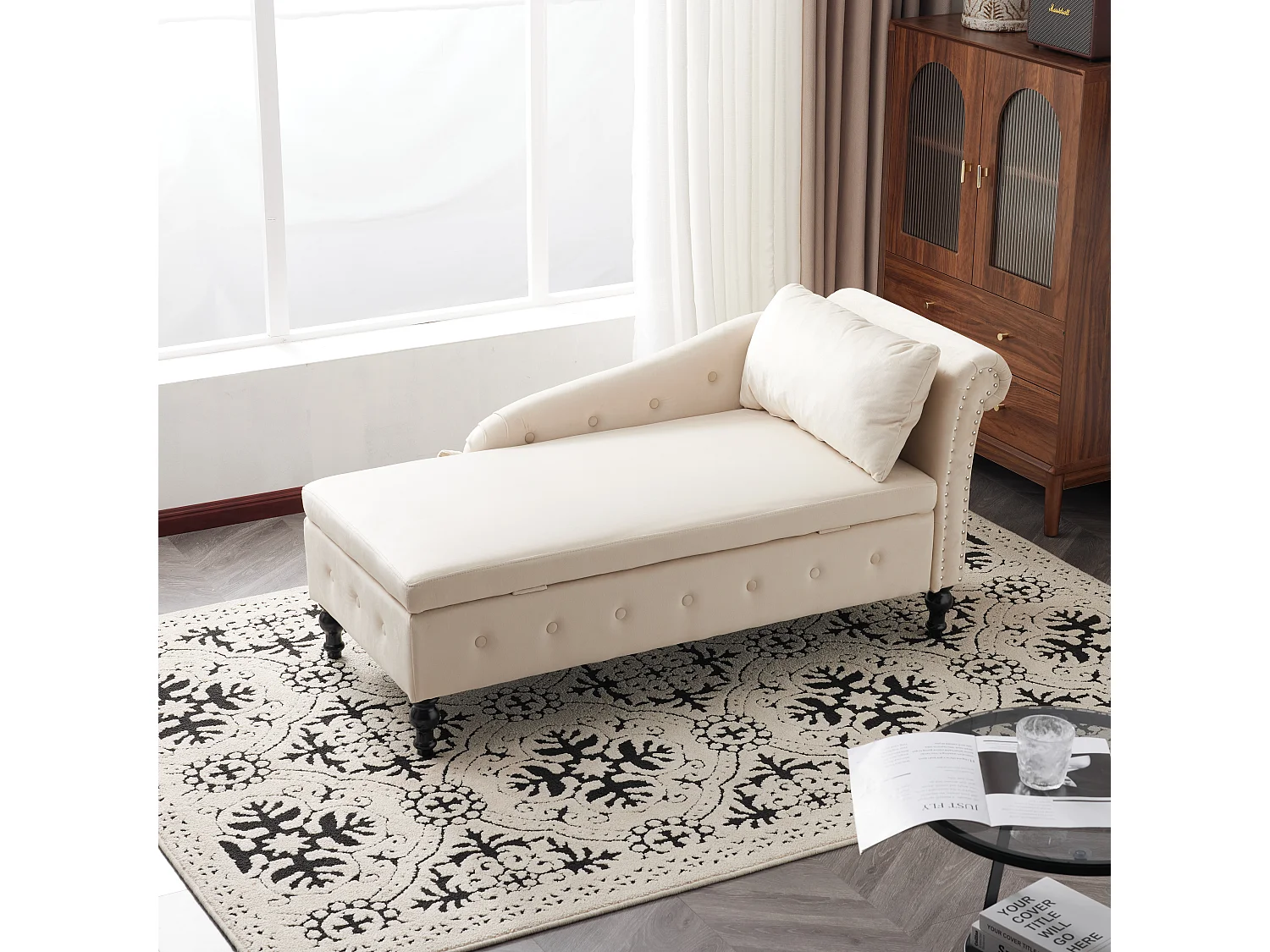 Ombouwbaar linker daybed in fluweel met opbergdoos - 144 x 62 x 69 cm - Wit