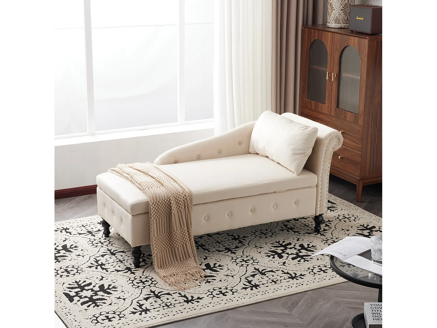 Wohnzimmer-Chaiselongue – 144 x 62 x 69 cm – mit Stauraum, Kissen und rechter Armlehne – Samt – beige