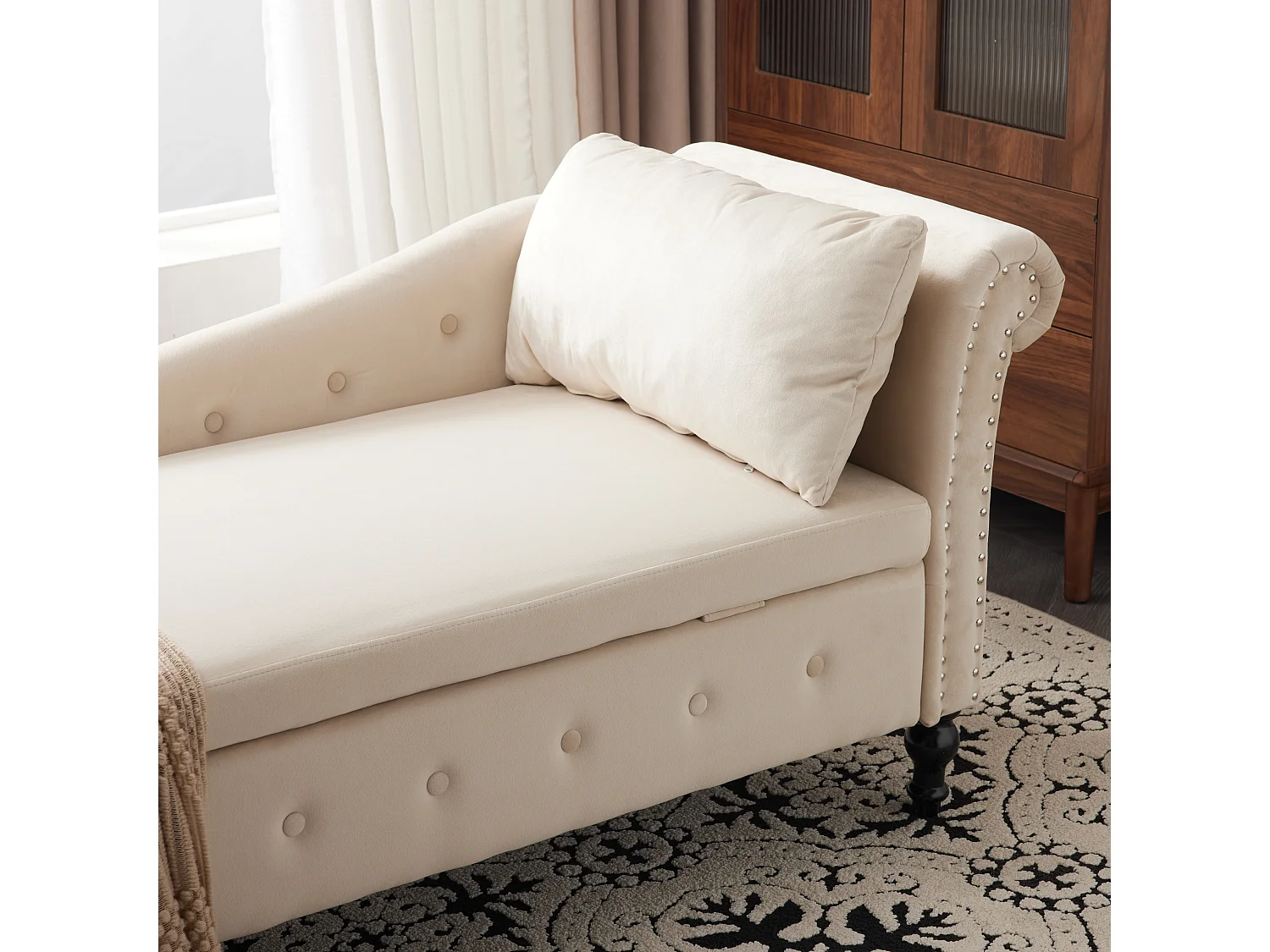 Wohnzimmer-Chaiselongue – 144 x 62 x 69 cm – mit Stauraum, Kissen und rechter Armlehne – Samt – beige