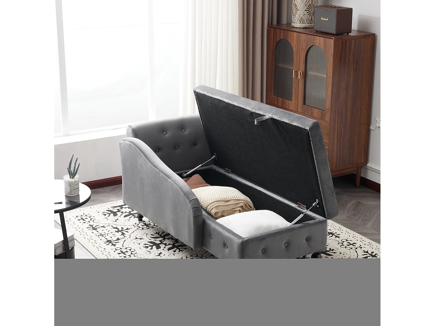 Méridienne gauche convertible en velours avec coffre de rangement - 144 x 62 x 69 cm - Gris