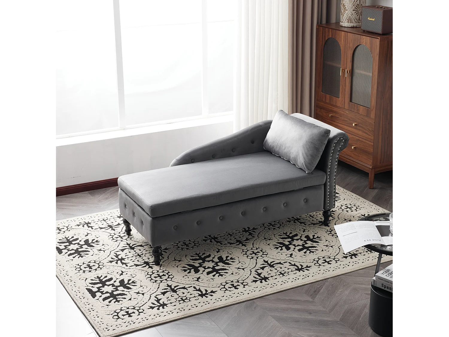 Méridienne gauche convertible en velours avec coffre de rangement - 144 x 62 x 69 cm - Gris