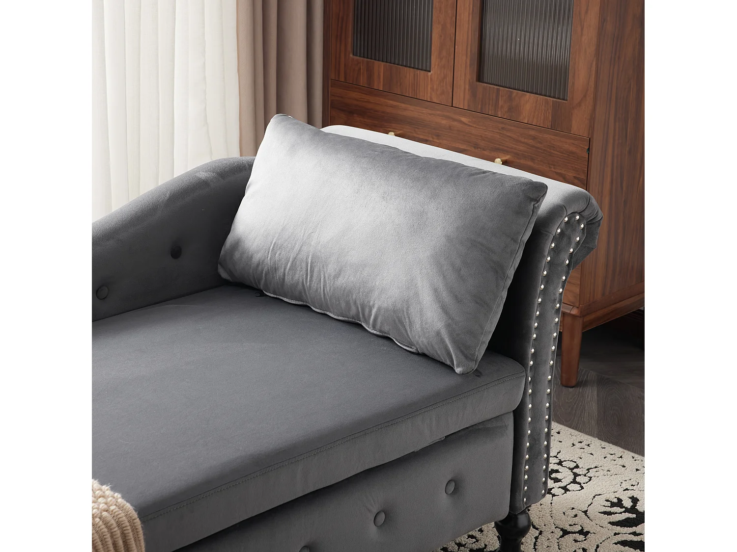Sofá cama izquierdo convertible en terciopelo con caja de almacenamiento - 144 x 62 x 69 cm - Gris
