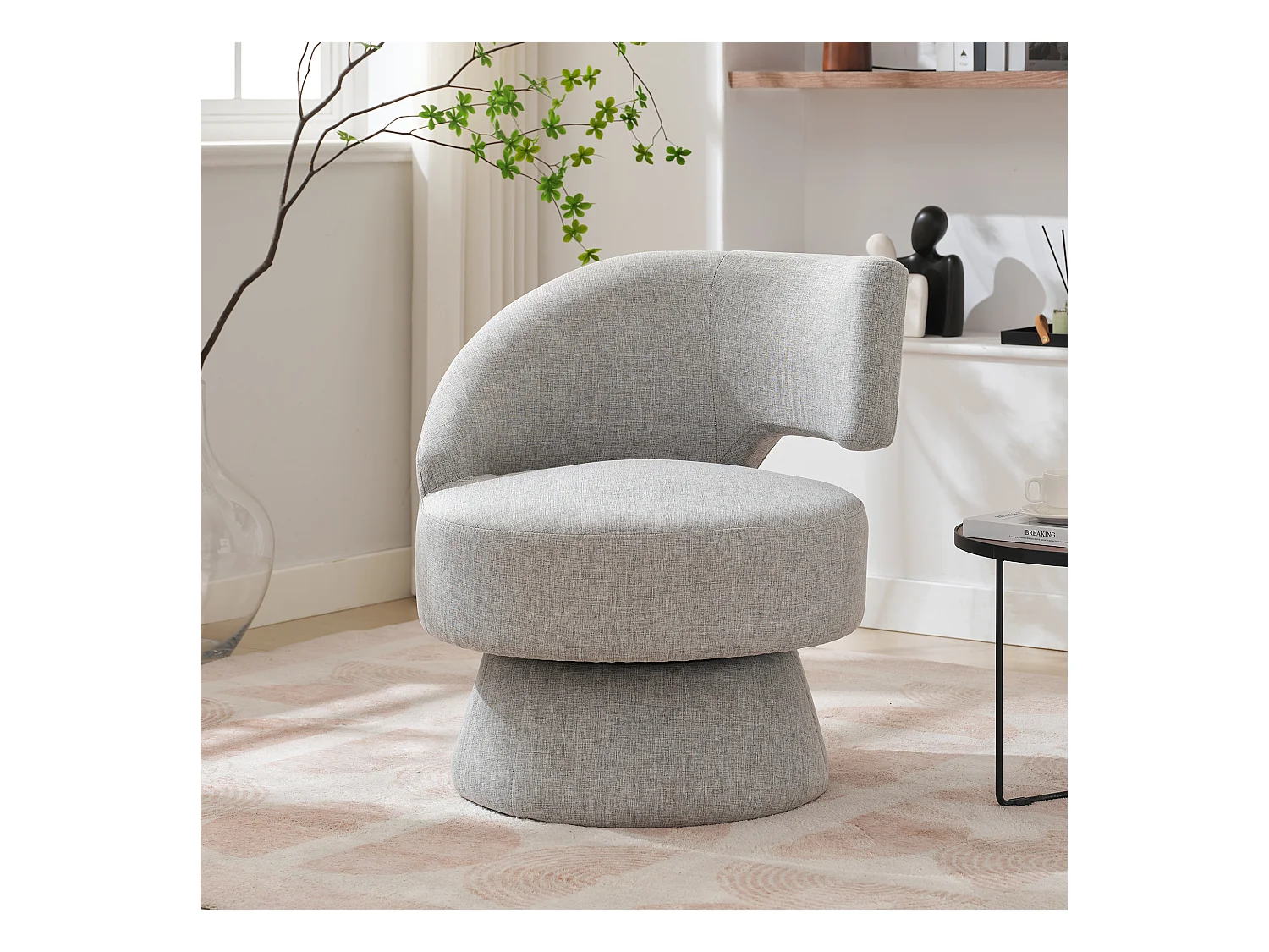 360° draaistoel met rugleuning - 72 x 53 x 77 cm - Linnen stof - Modern design - Grijs