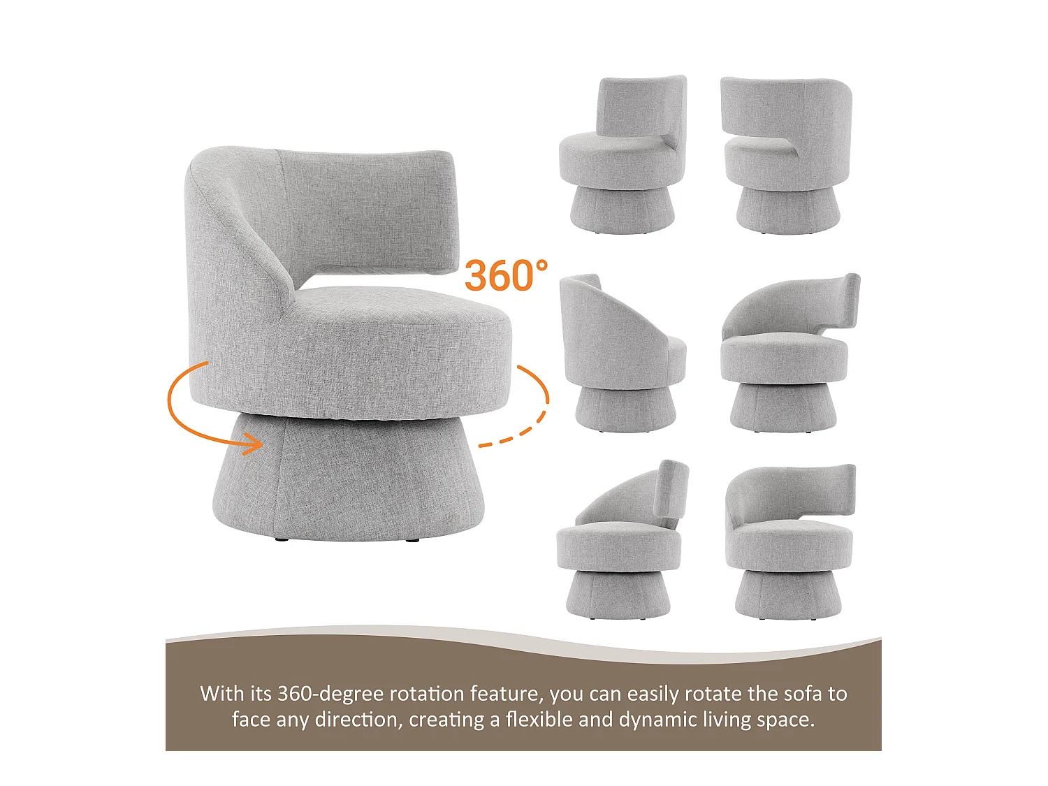 360° draaistoel met rugleuning - 72 x 53 x 77 cm - Linnen stof - Modern design - Grijs