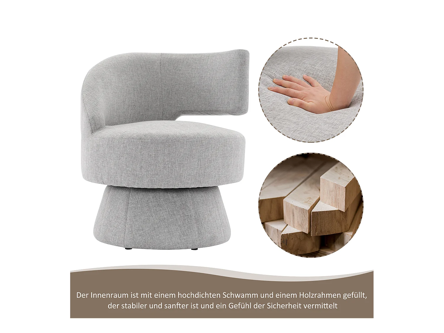 360° draaistoel met rugleuning - 72 x 53 x 77 cm - Linnen stof - Modern design - Grijs