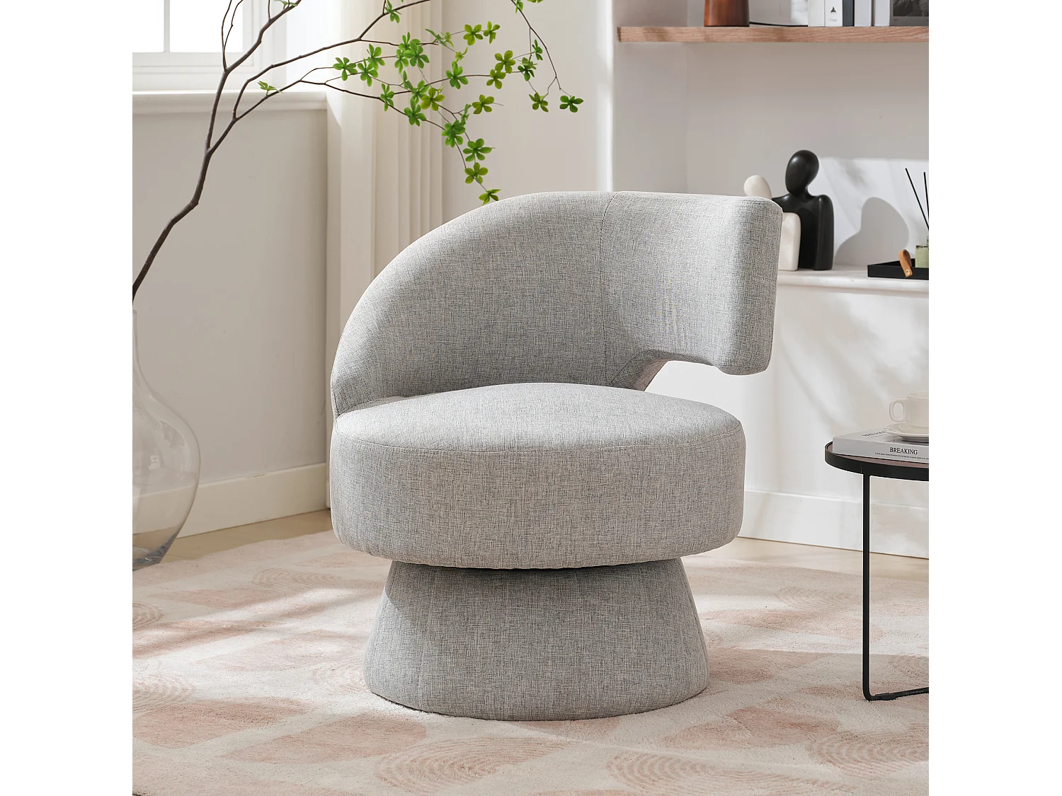 360° draaistoel met rugleuning - 72 x 53 x 77 cm - Linnen stof - Modern design - Grijs