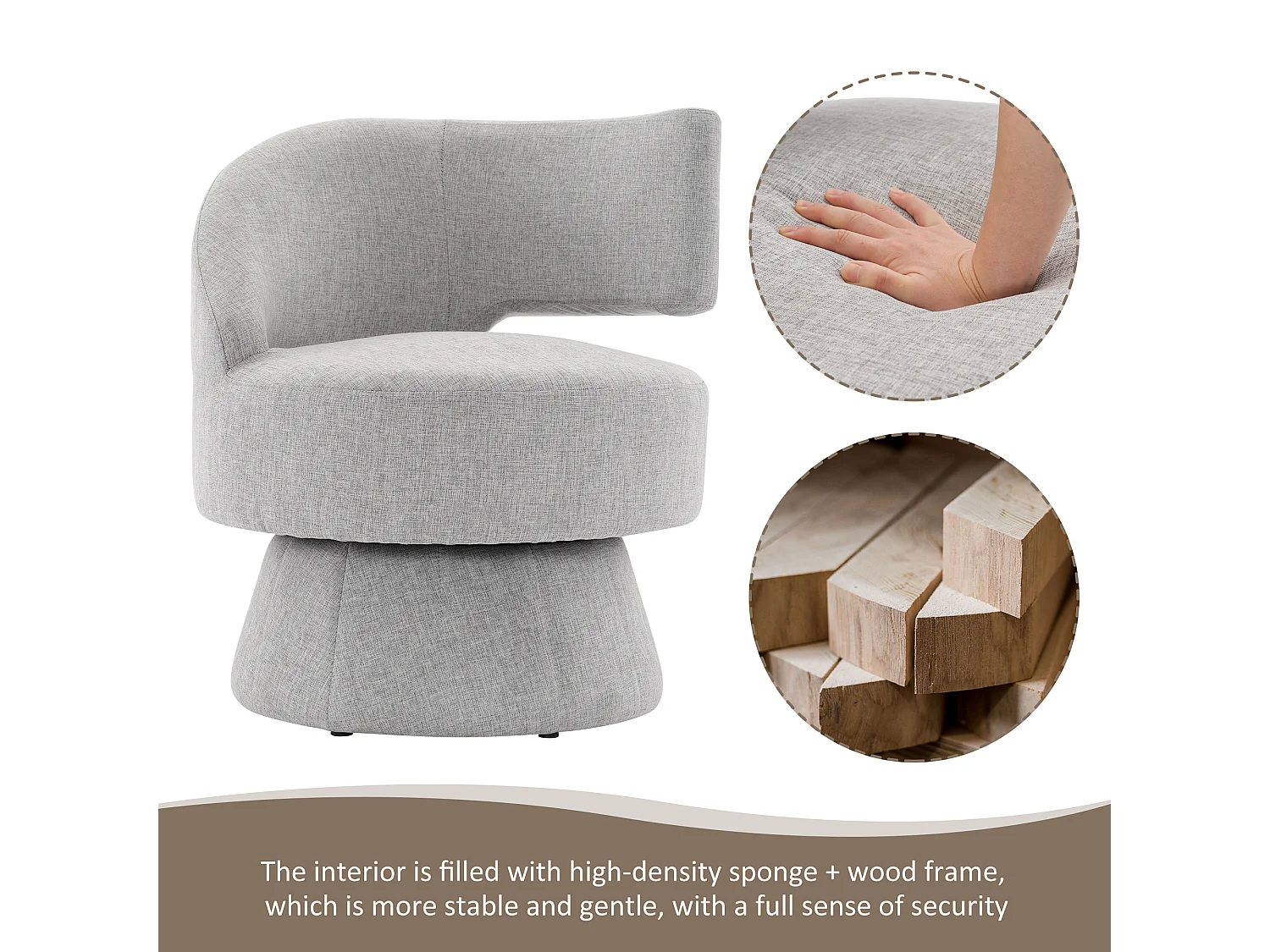 360° draaistoel met rugleuning - 72 x 53 x 77 cm - Linnen stof - Modern design - Grijs