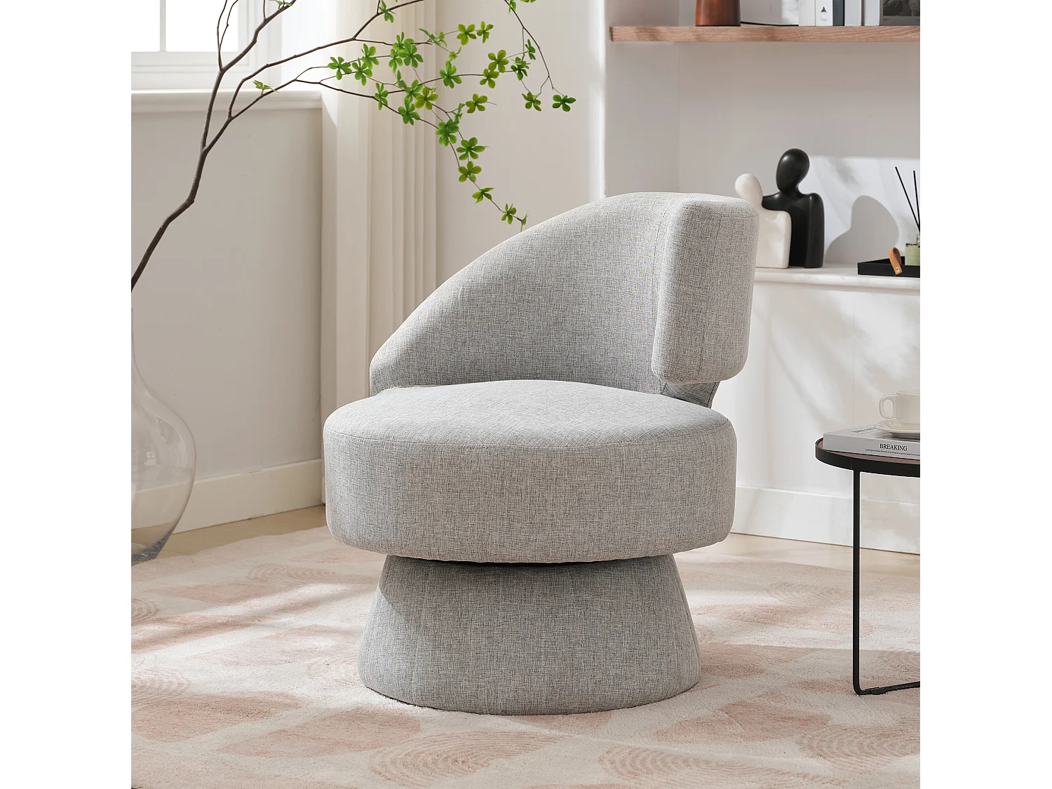 360° draaistoel met rugleuning - 72 x 53 x 77 cm - Linnen stof - Modern design - Grijs