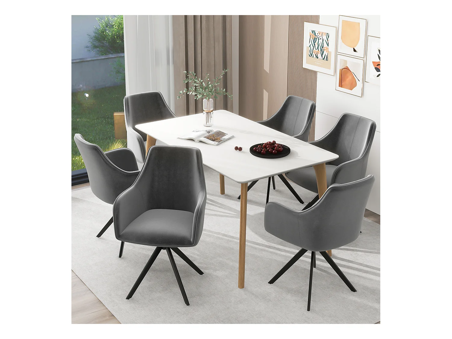 Set di 6 sedie girevoli con braccioli - Velluto e gambe in metallo - 57 x 46 x 84 cm - Grigio