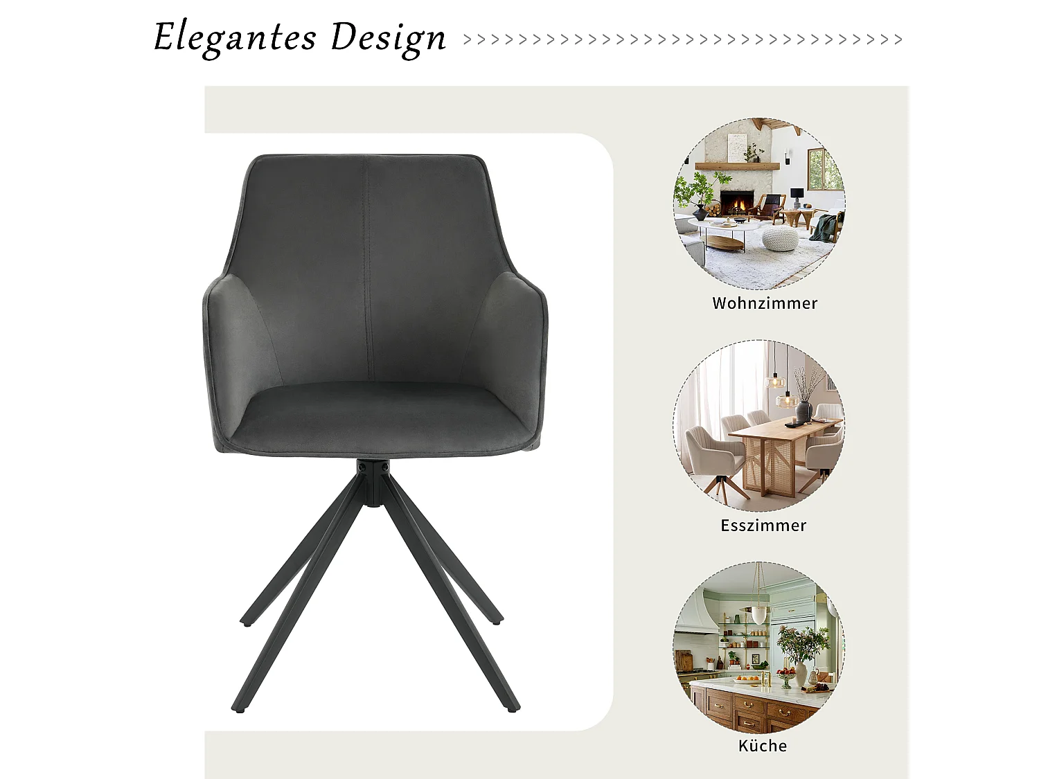 Set di 6 sedie girevoli con braccioli - Velluto e gambe in metallo - 57 x 46 x 84 cm - Grigio