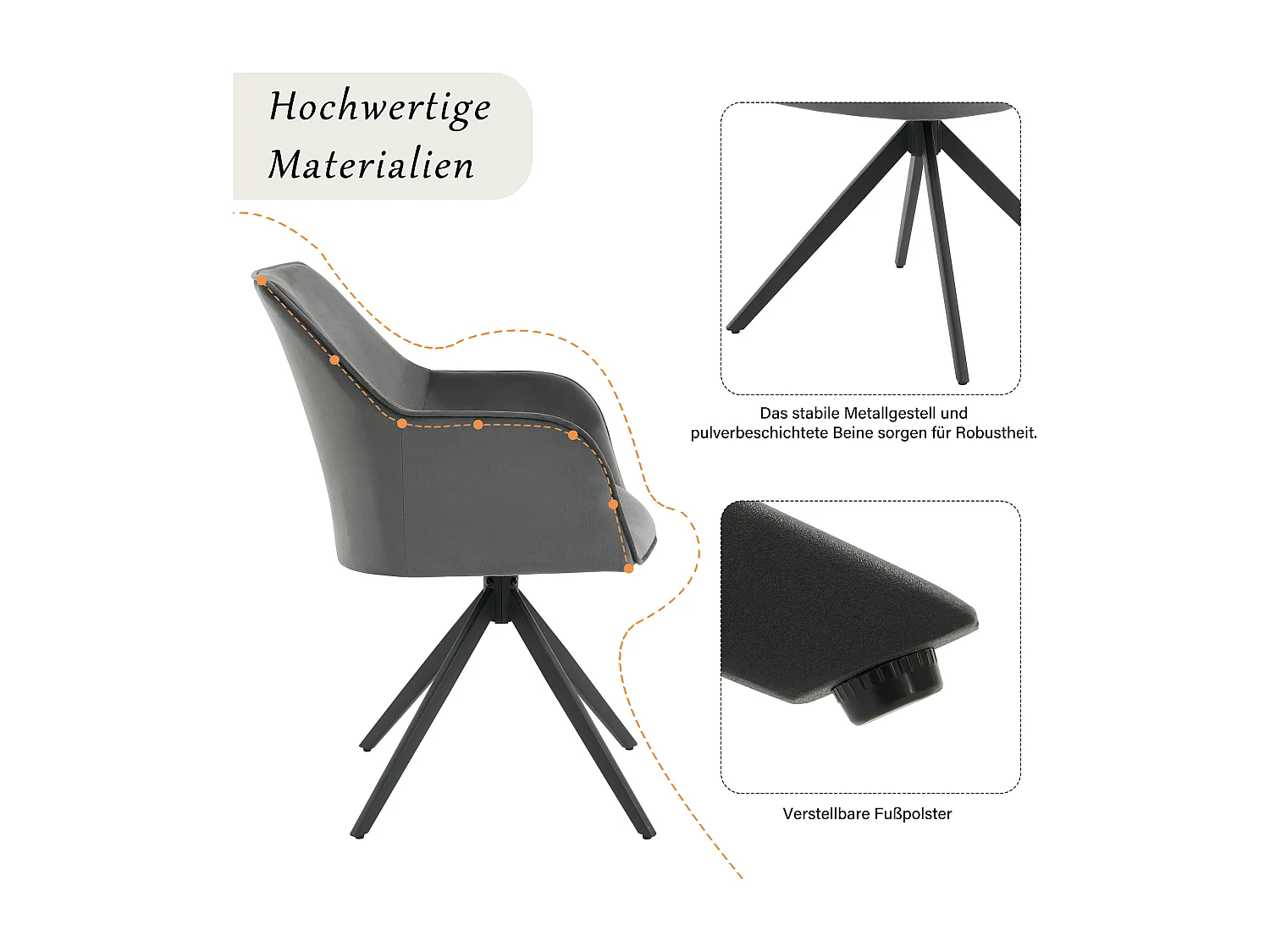 Set di 6 sedie girevoli con braccioli - Velluto e gambe in metallo - 57 x 46 x 84 cm - Grigio