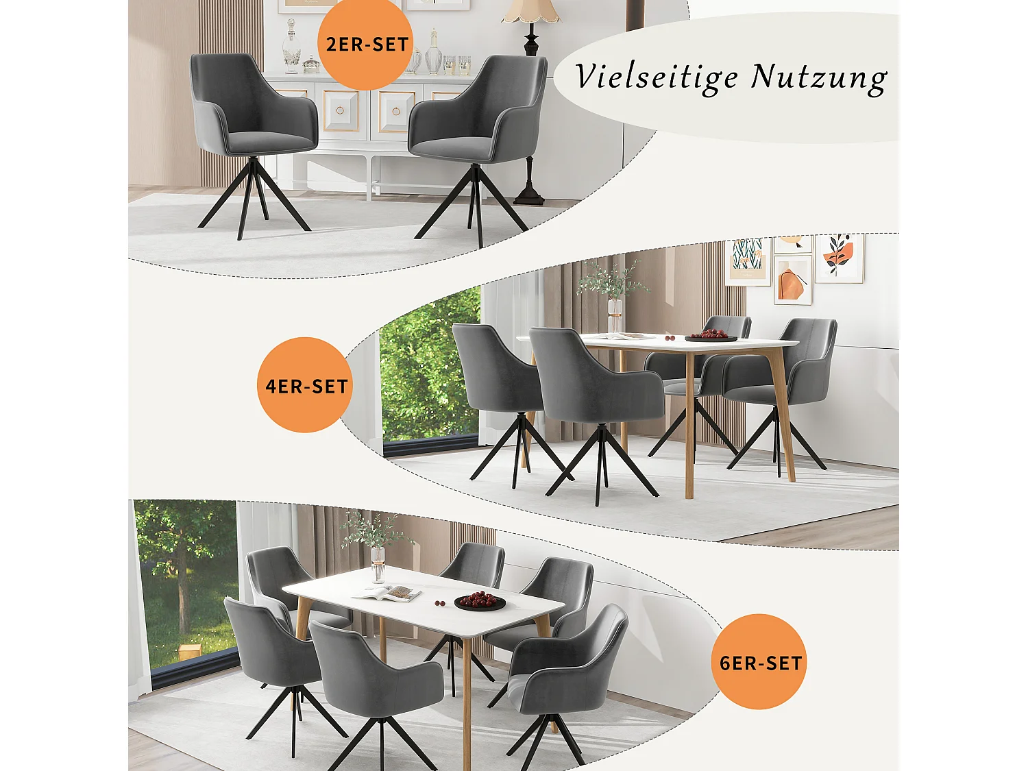 Set di 6 sedie girevoli con braccioli - Velluto e gambe in metallo - 57 x 46 x 84 cm - Grigio