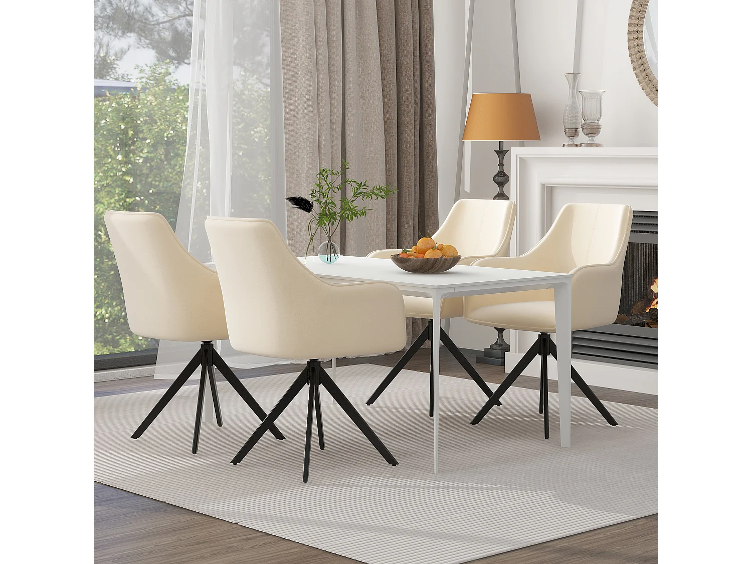 Lot de 4 chaises pivotant avec accoudoirs - Velours et pièds en métal - 57 x 46 x 84 cm - Beige