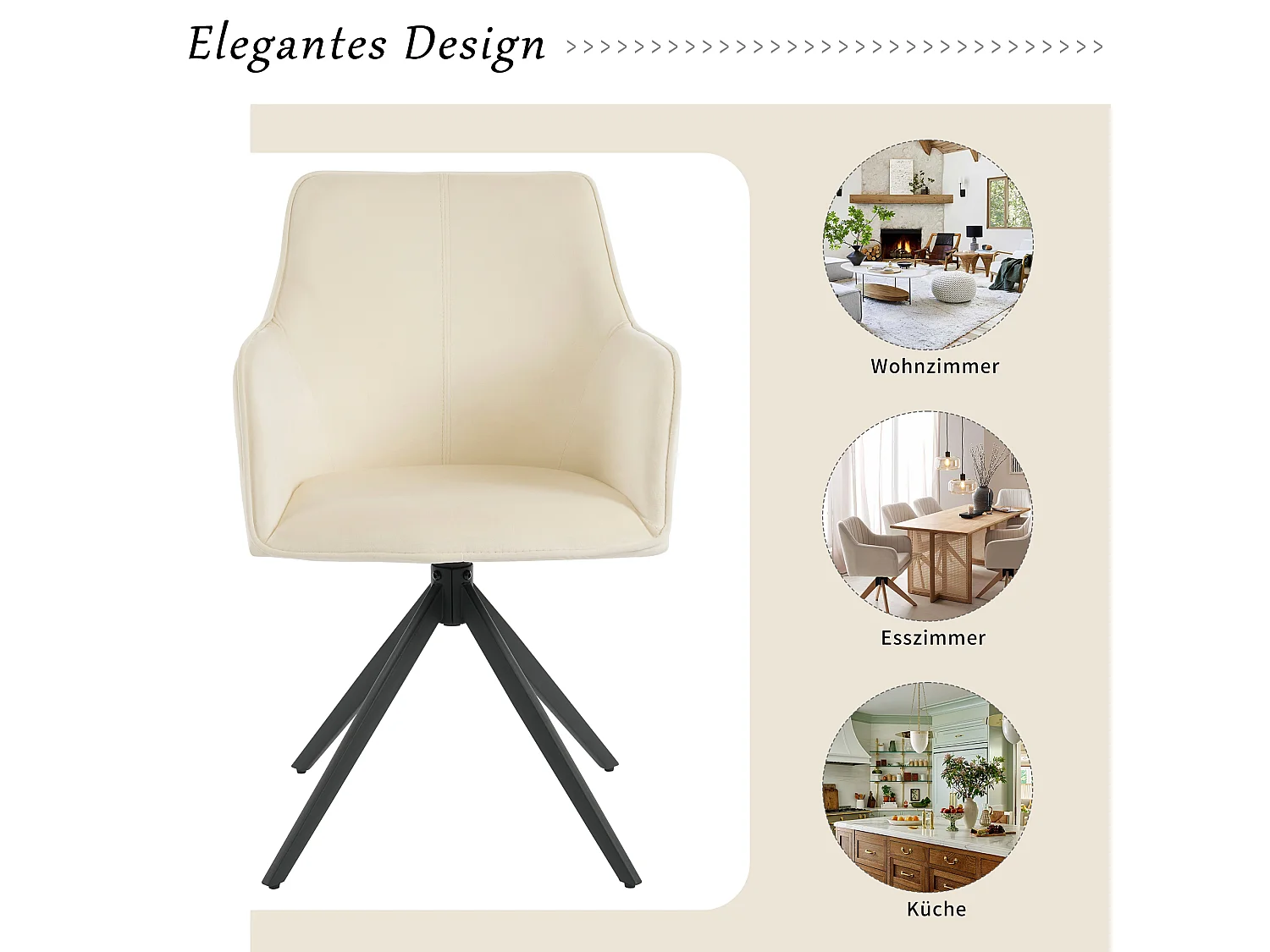 Lot de 4 chaises pivotant avec accoudoirs - Velours et pièds en métal - 57 x 46 x 84 cm - Beige