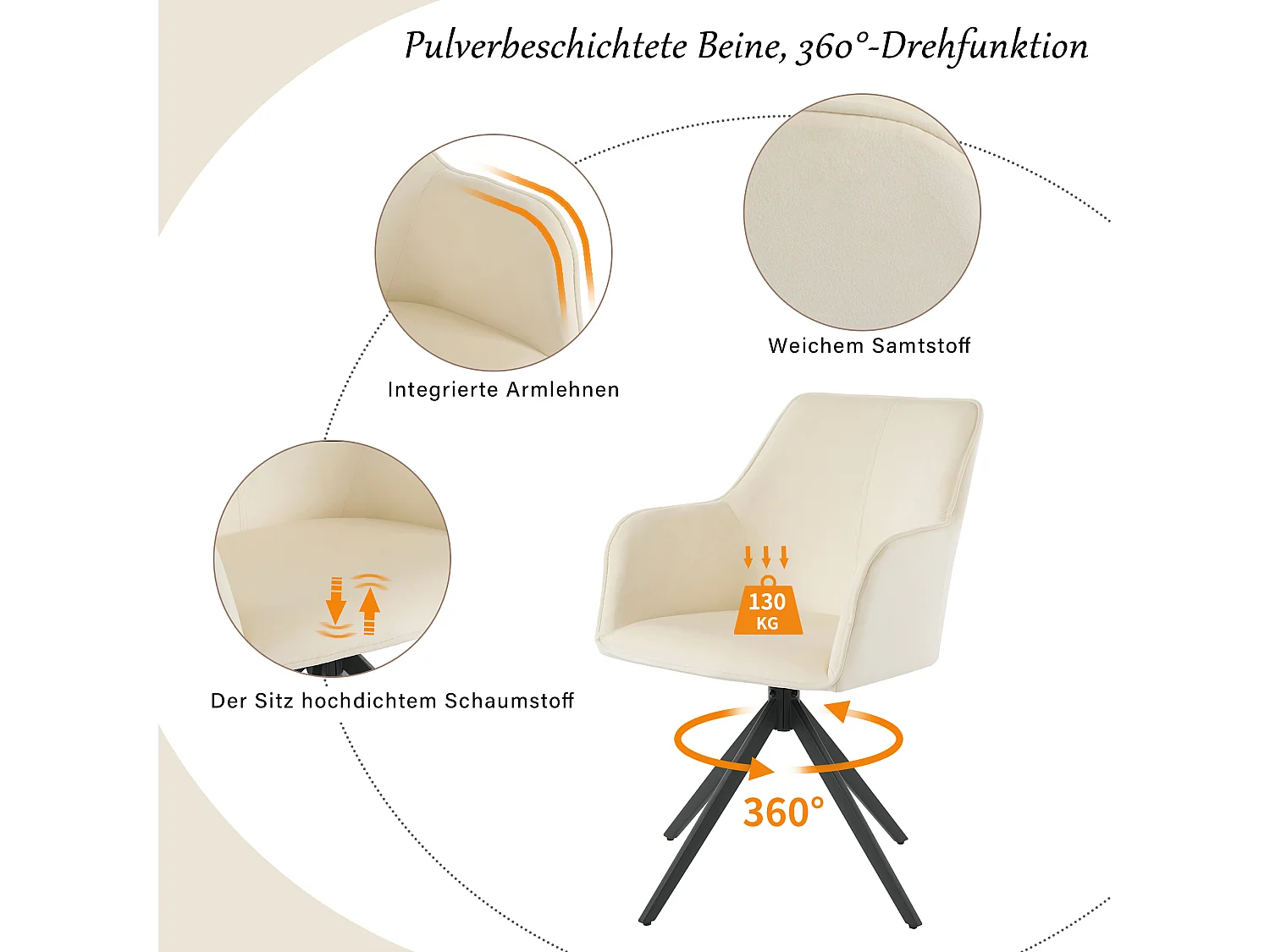 Lot de 4 chaises pivotant avec accoudoirs - Velours et pièds en métal - 57 x 46 x 84 cm - Beige