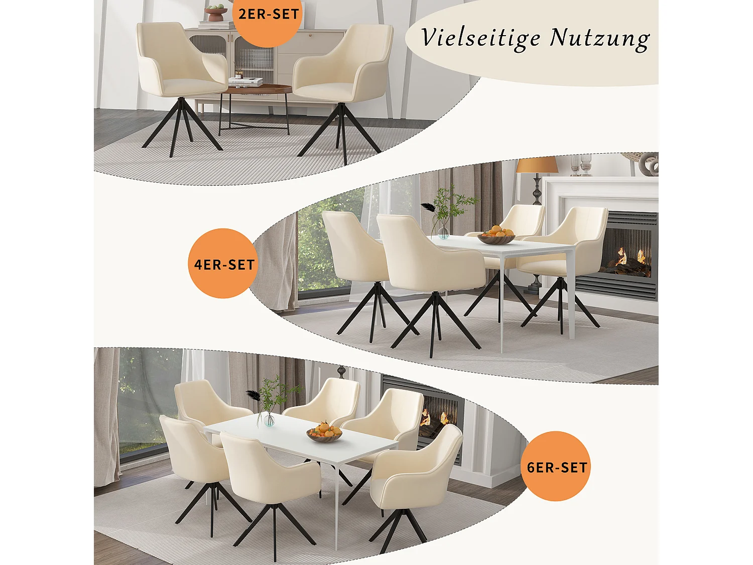 Lot de 4 chaises pivotant avec accoudoirs - Velours et pièds en métal - 57 x 46 x 84 cm - Beige