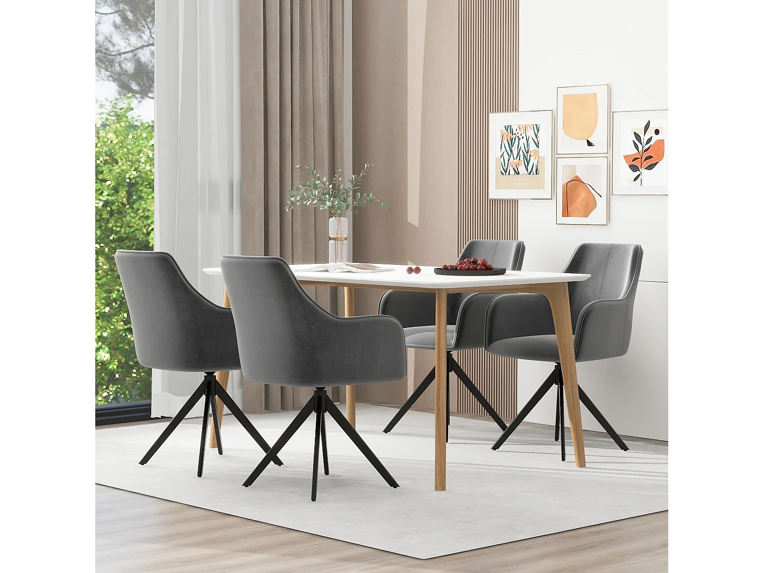 Komplet 4 krzeseł obrotowych z podłokietnikami - Aksamit i metalowe nogi - 57 x 46 x 84 cm - Szary