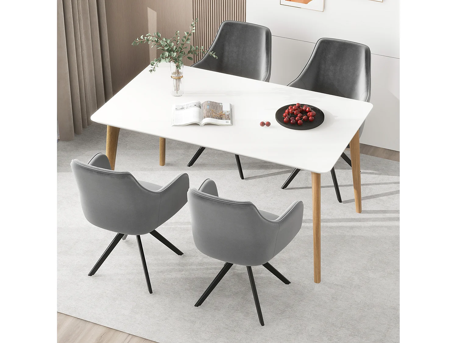 Komplet 4 krzeseł obrotowych z podłokietnikami - Aksamit i metalowe nogi - 57 x 46 x 84 cm - Szary