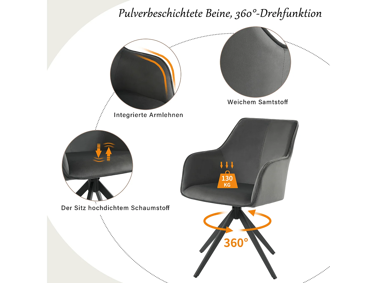 Komplet 4 krzeseł obrotowych z podłokietnikami - Aksamit i metalowe nogi - 57 x 46 x 84 cm - Szary