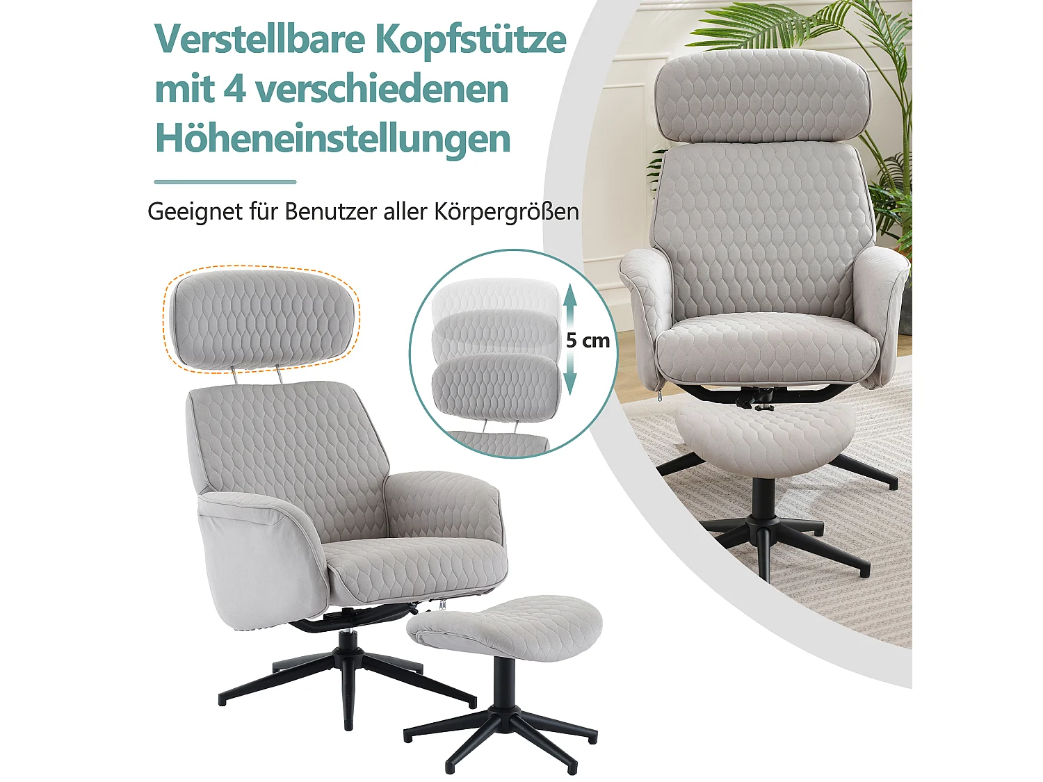 Chaise pivotante à 360° avec inclinaison réglable (95-125°) - Repose-pieds - Tissu technique - Gris