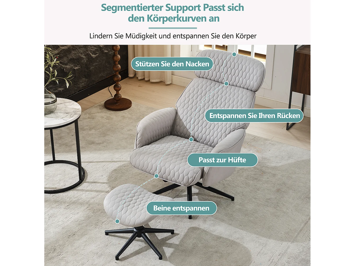 Chaise pivotante à 360° avec inclinaison réglable (95-125°) - Repose-pieds - Tissu technique - Gris
