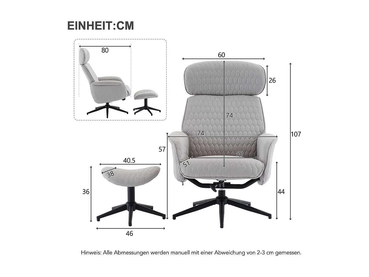 Chaise pivotante à 360° avec inclinaison réglable (95-125°) - Repose-pieds - Tissu technique - Gris
