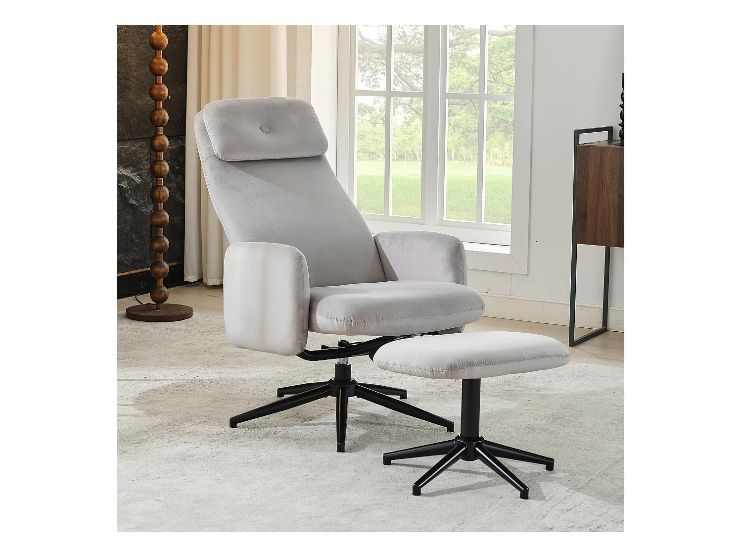 Chaise pivotante à 360° avec inclinaison réglable (95-125°) - Repose-pieds - Velours - Gris