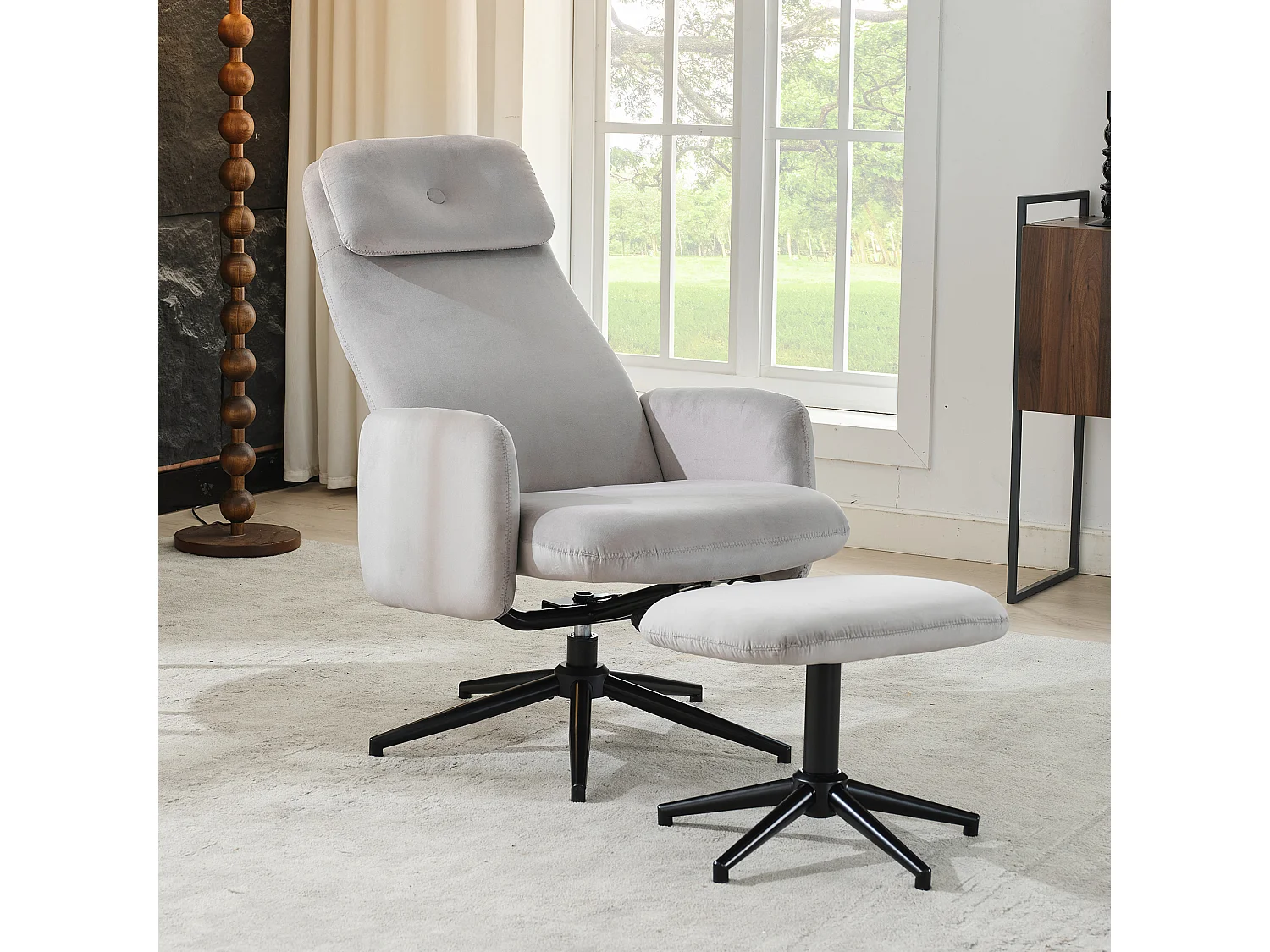 Chaise pivotante à 360° avec inclinaison réglable (95-125°) - Repose-pieds - Velours - Gris