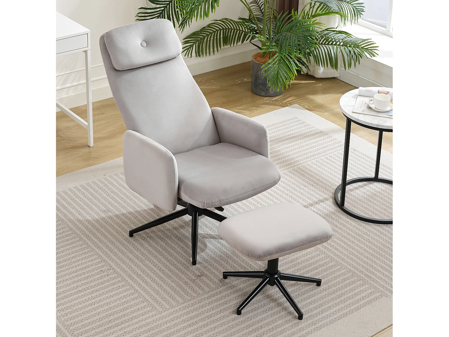 Chaise pivotante à 360° avec inclinaison réglable (95-125°) - Repose-pieds - Velours - Gris