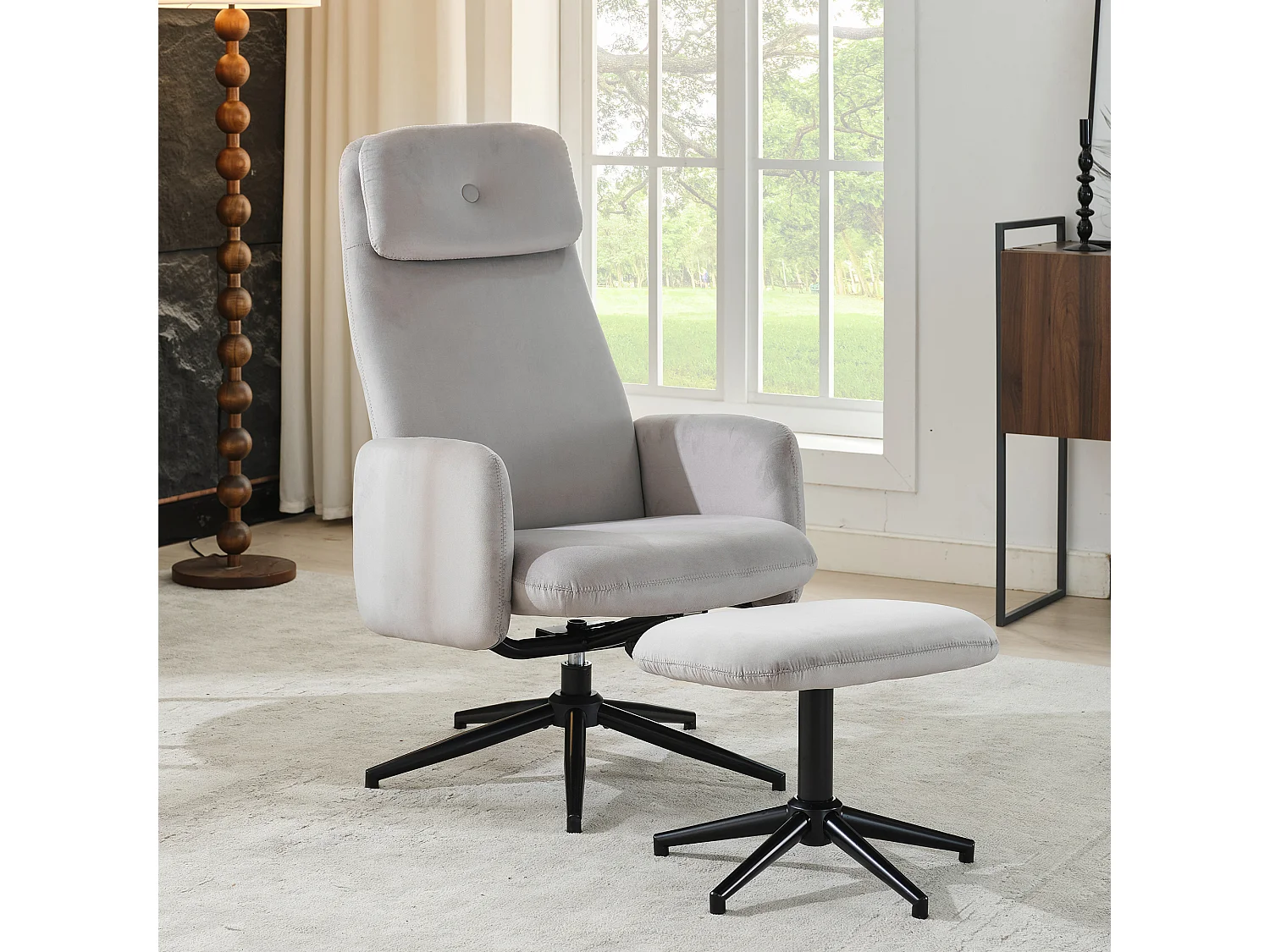 Chaise pivotante à 360° avec inclinaison réglable (95-125°) - Repose-pieds - Velours - Gris
