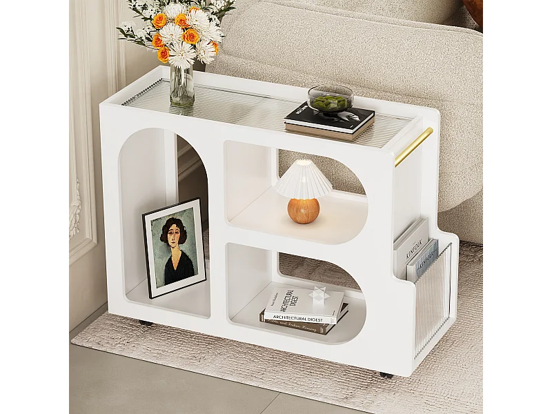 Verrijdbare bijzettafel met 3 open vakken - 80 x 30 x 58,5 cm - MDF - Wit