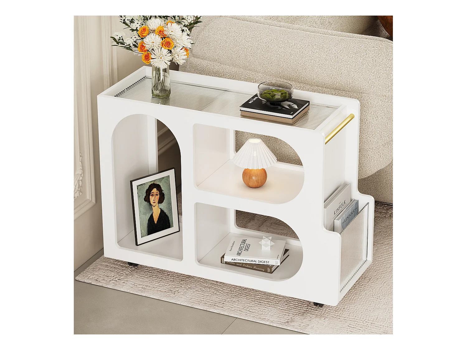Verrijdbare bijzettafel met 3 open vakken - 80 x 30 x 58,5 cm - MDF - Wit