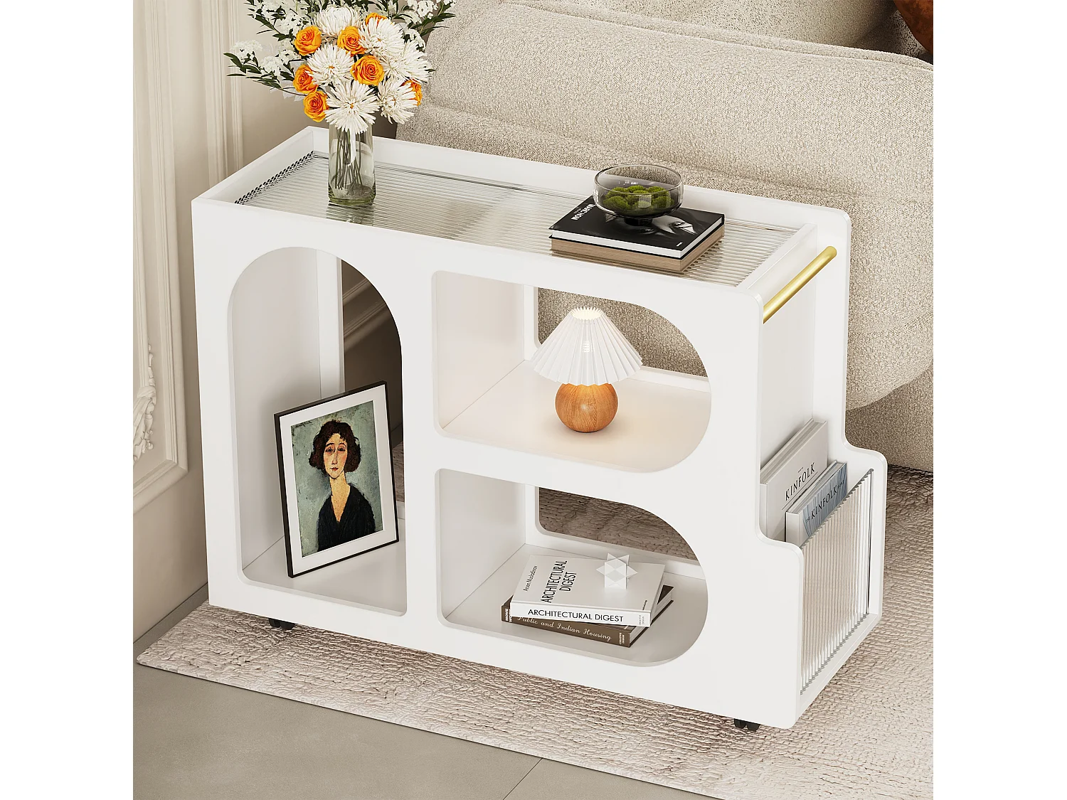 Verrijdbare bijzettafel met 3 open vakken - 80 x 30 x 58,5 cm - MDF - Wit