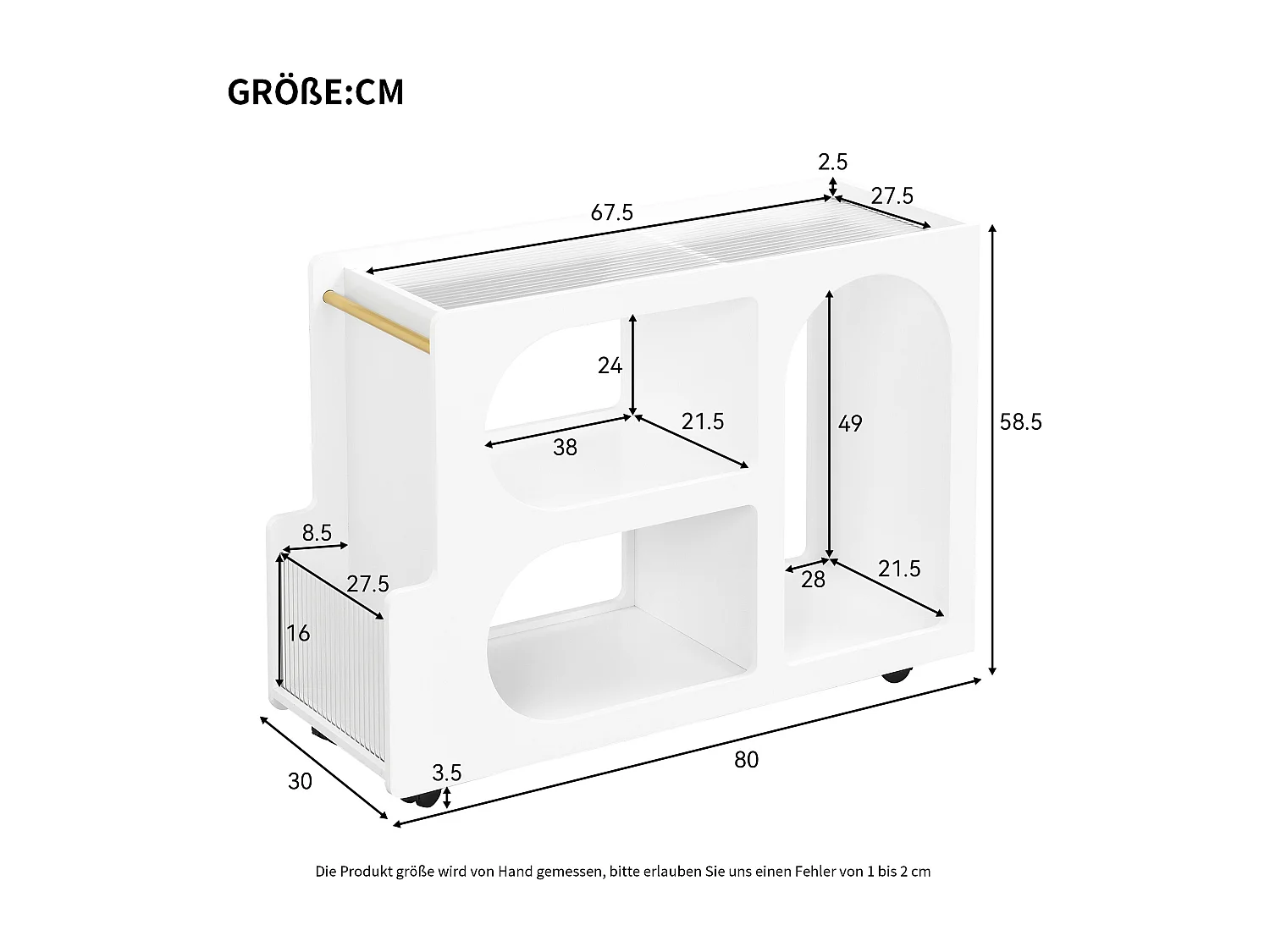 Verrijdbare bijzettafel met 3 open vakken - 80 x 30 x 58,5 cm - MDF - Wit