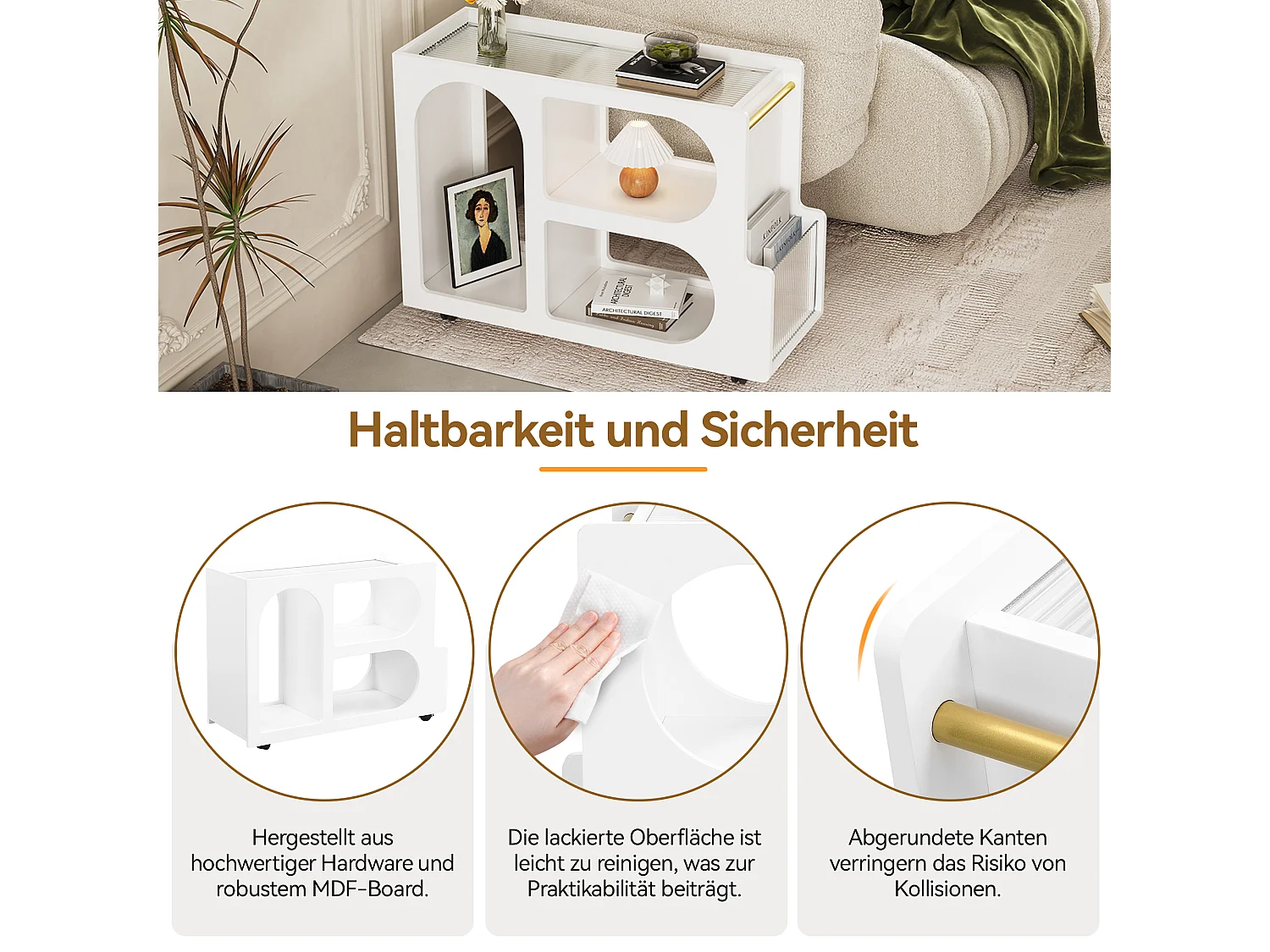 Verrijdbare bijzettafel met 3 open vakken - 80 x 30 x 58,5 cm - MDF - Wit