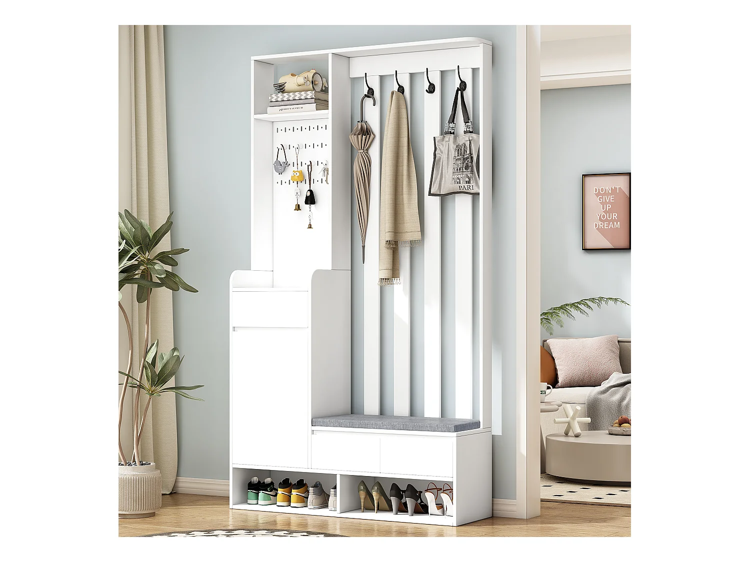 Vestiaire avec 3 tiroirs, 1 porte et banc à chaussures - 100 x 35 x 180 cm - MDF - Blanc