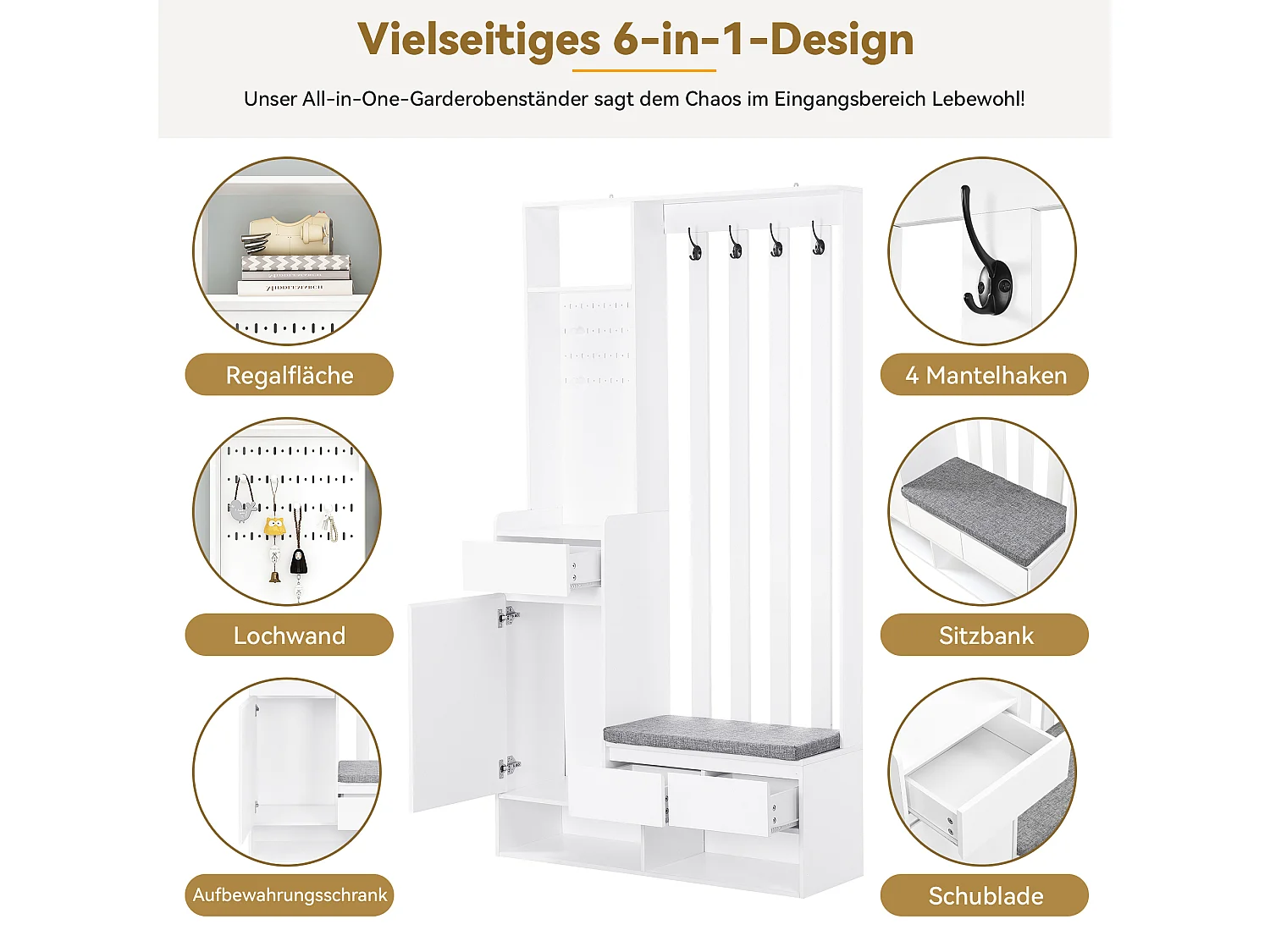 Vestiaire avec 3 tiroirs, 1 porte et banc à chaussures - 100 x 35 x 180 cm - MDF - Blanc