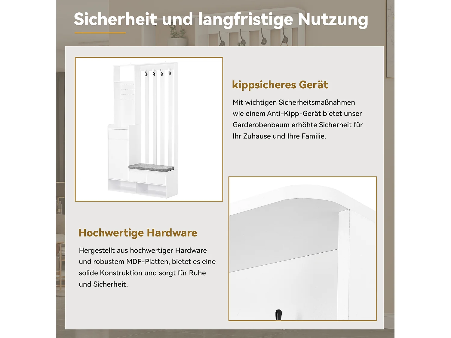 Vestiaire avec 3 tiroirs, 1 porte et banc à chaussures - 100 x 35 x 180 cm - MDF - Blanc