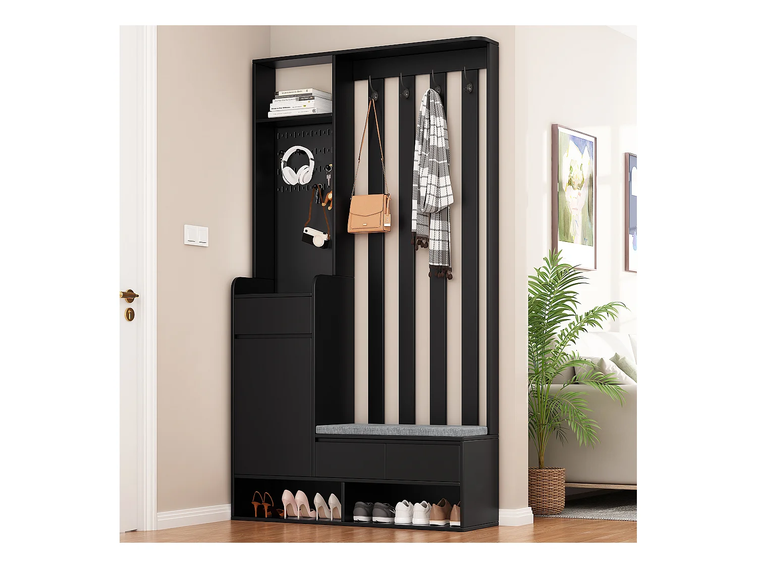Vestiaire avec 3 tiroirs, 1 porte et banc à chaussures - 100 x 35 x 180 cm - MDF - Noir