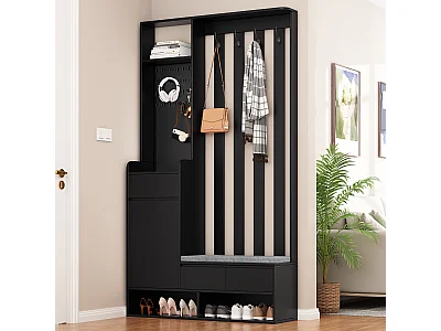 Vestiaire avec 3 tiroirs, 1 porte et banc à chaussures - 100 x 35 x 180 cm - MDF - Noir